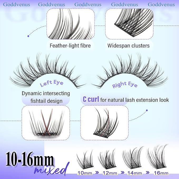 Natural Lash Clusters Kit for DIY Lash Extension 3 in 1 Eyelash Clusters Kit Wispy Individual Lashes C Curl Cluster Eyelash Extensions kit with 132pcs10-16mm