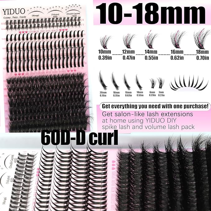 YIDUO Lash Clusters Kit with Spikes Bottom clusters Eyelash Extensions 808Pcs with 2X Bond&Seal 60D/80D/100D 3D Volume D Curl Wispy DIY Individual Lashes Large Pack for Beginners Choice