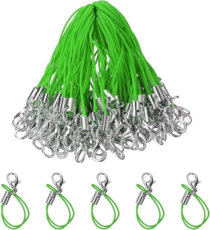 HARFINGTON 100Pcs Clasp Cords Clasp Strap Lanyard Charm Short Finger Rope with Lobster Clasp for Cellphone Cases Keychain DIY Jewelry Making, Green