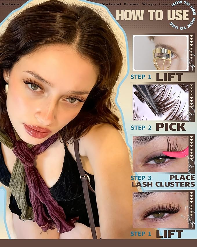 ALICROWN Brown Lash Clusters Natural Eyelash Extensions Cat Eye Eyelash Clusters Left & Right Wispy Lash Extensions Fox Eye Cluster Lashes C Curly DIY Individual Lashes Fairy Eyelashes