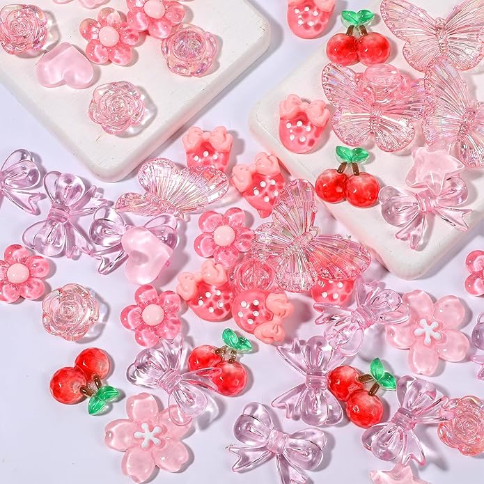Pink Junk Case Charms Kit, 60 Pcs Cute Acrylic 3D Resin Charms with Cute Bow Y2K Aesthetic Bow Charm Girly Coquette DIY Craft Accessories Big Flatback Resin Decoden Charm for Crafts Jewelry Making