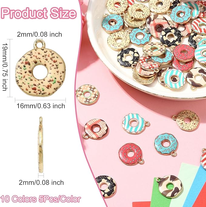 Stiesy 50 Pcs 10 Colors Dessert Donut Charms Pendants Cute Enamel Doughnut Food Alloy Metal Charms Bulk for Jewelry Crafts Necklace Bracelets Earring Making DIY Presents