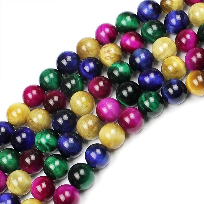MJDCB Stone Beads 10mm 35pcs Round Mixed Color Tiger's Eye Loose Gemstone Bead Charms for Jewelry Making Bracelet Necklace Earring Pendant