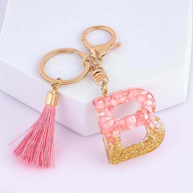 Suweibuke Cute Pink Key Chains for Women Girls, Initial Letter Keychains with Tassel, Charms for Key Purse Handbags Backpacks