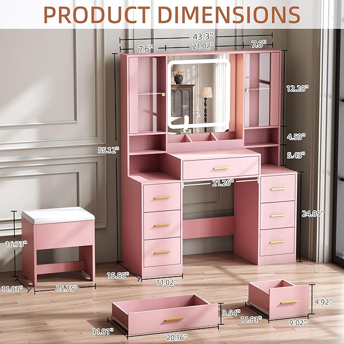 Vanity Desk with Mirror & Lights, Makeup Vanity with Power Strip & Chair, 7 Drawers & 2 Cabinets, Hair Dryer Holder, RGB Cabinet Lighting, 3-Color Dimmable Mirror, and Cushioned Stool