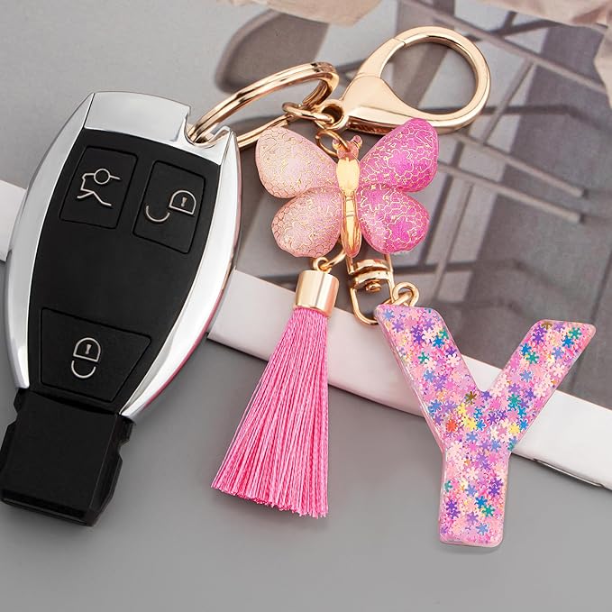 Suweibuke Cute Pink Key Chains for Women Girls, Initial Letter Keychains with Tassel, Charms for Key Purse Handbags Backpacks