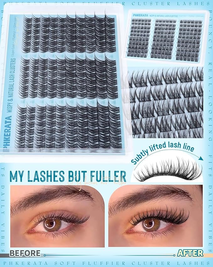 PHKERATA Wispy Lash Clusters Naural Eyelash Clusters Extensions C Curly Individual Lashes Clusters DIY Eyelash Extension with Wide Soft Thin Band,10-16MM,180Pcs