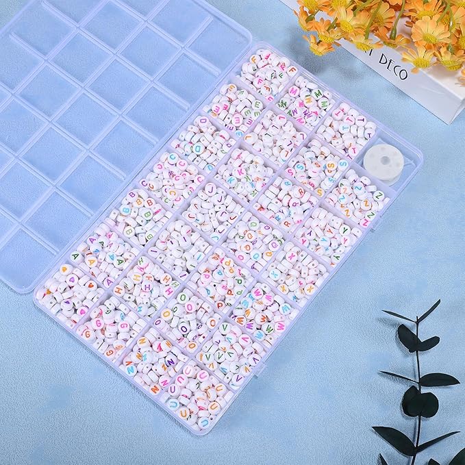 1 Box Compartment Alphabet Beads for Bracelets Making with Loose Letter Beads and Crystal Elastic String DIY Jewelry Kit for Necklaces Keychains and