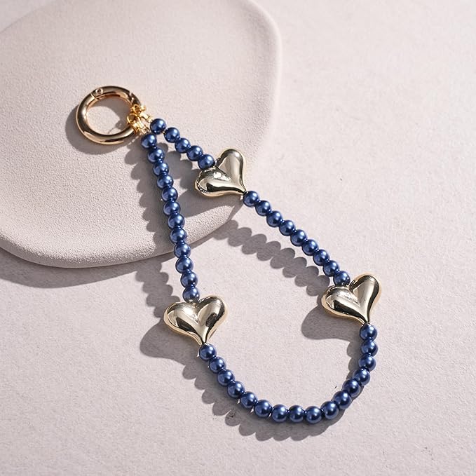 Beaded Phone Wrist Strap for Women Pearl Wristlet Strap Cute Phone Lanyard Golden Heart Shaped Bead Cellphone Chain (Blue)