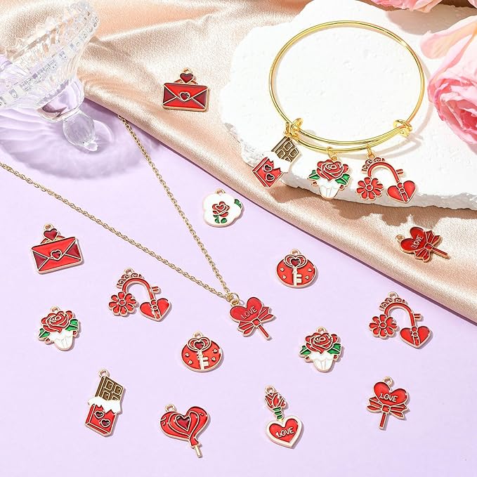 Stiesy 45 Pcs 9 Styles Romantic Sweet Enamel Valentine's Day Charms Red Heart Love Envelope Chocolate Flower Charm Pendant Bulk for DIY Date Necklace Bracelet Earring Presents