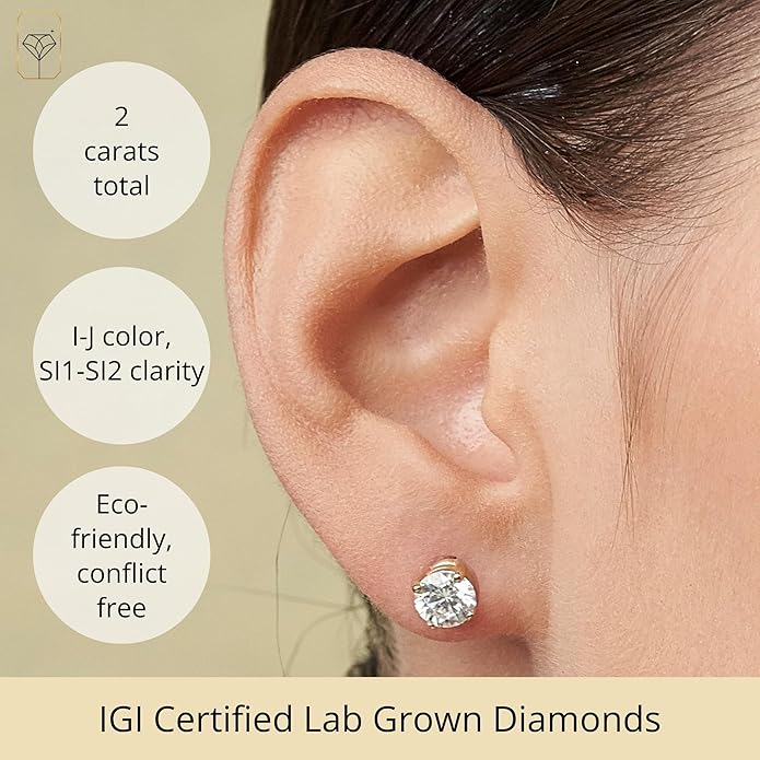 1/4-2 Carat IGI Certified Lab Grown Diamond Stud Earrings | Solitaire Real Diamonds Earring for Women in I-J Color & SI1-SI2 Clarity | 14K Gold Diamond Studs with Secure Backs by MAX + STONE
