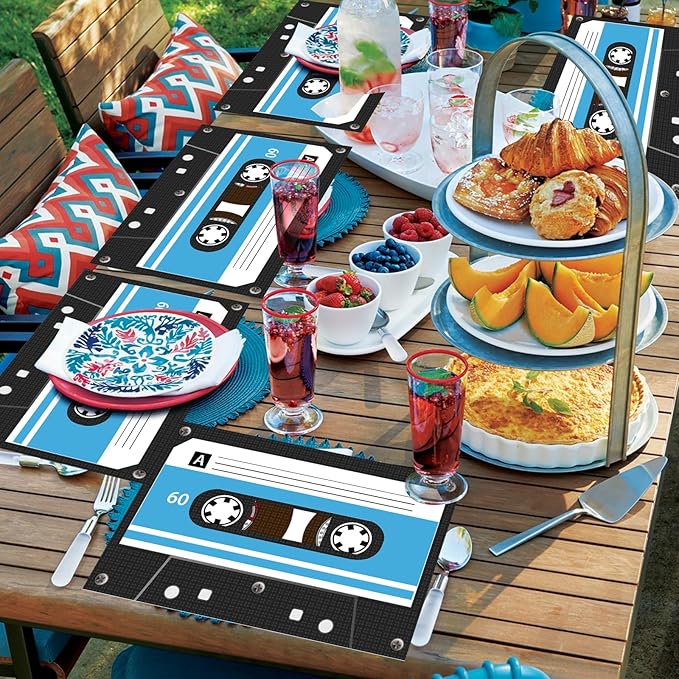 60 Pack Cassette Placemats Paper Placemats Disposable 16x 11 Inch 70s 80s 90s Cassette Hip Hop Paper Table Mats for Birthday Party Home Kitchen Table Decoration