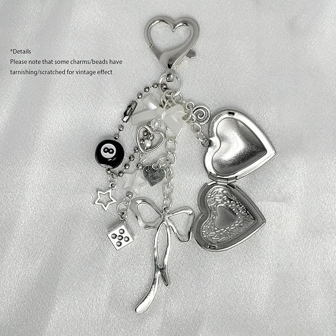 Cute Heart Locket Keychain,Y2k Bag Charms,Kawaii Photo Key Chain,Bow 8 Ball Star Dice Aesthetic Accessories for Women