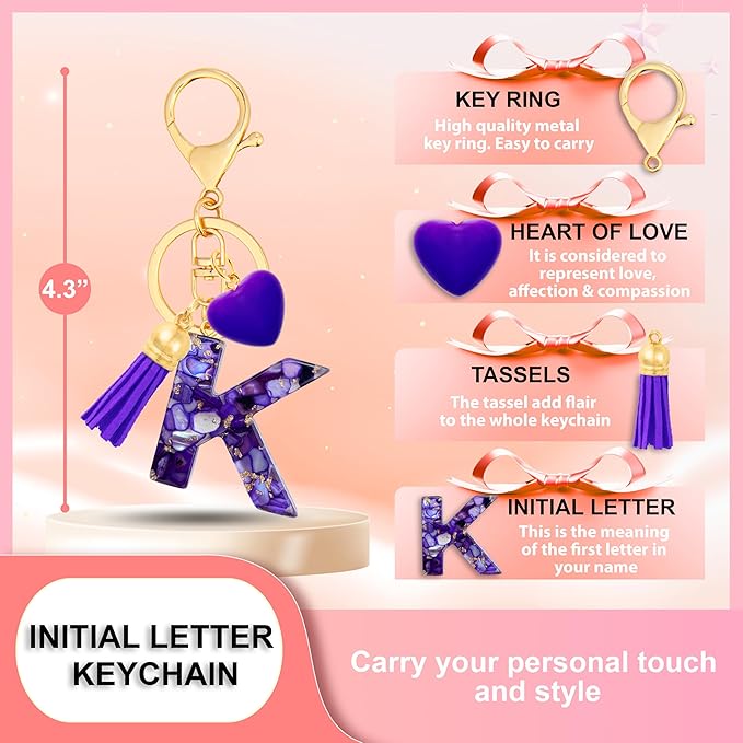 Initial Keychains for Women with Cute Heart Resin - Alphabet Letter Keychain for Bag, Backpacks, Purse or Car key