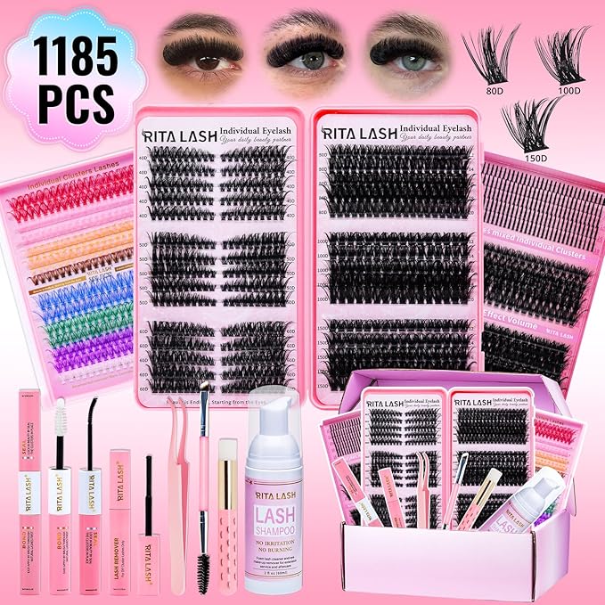Lash Clusters Kit Eyelash Clusters Kit Cat Eye Lashes Cluster Eyelash Extensions Large Pack Colored Lash Extension Kit Pestañas Postizas Naturales+Lash Bond&Seal,Remover,Tweezers,Cleanser(Lash Kit-7)