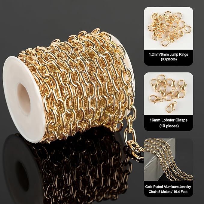 16.4 Feet Aluminum Jewelry Chain Roll, Gold Plated Oval Paperclip Chain Bulk, Hip Hop Rapper Necklace & Choker DIY Jewelry Making Supplies