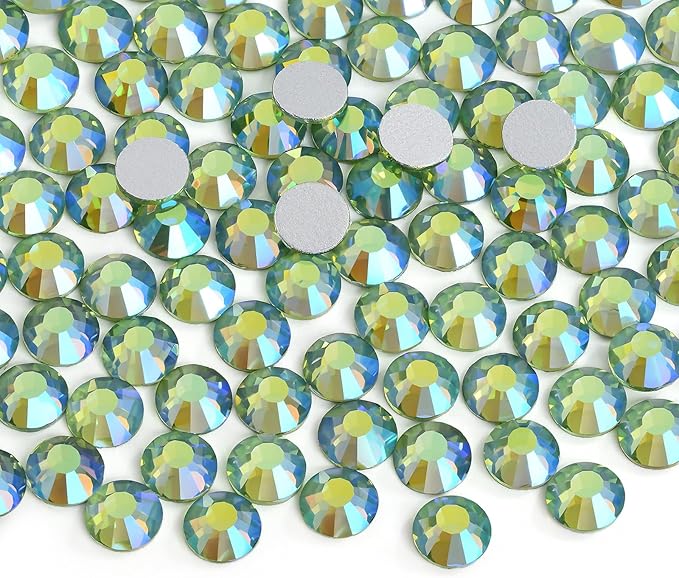 1440pcs Flatback Rhinestones Glue Fix Crystal Glass Diamantes Gems for Crafting Nail Art Crafts Decorations Clothes Shoes 3.2 mm (ss12, Light-Green AB)
