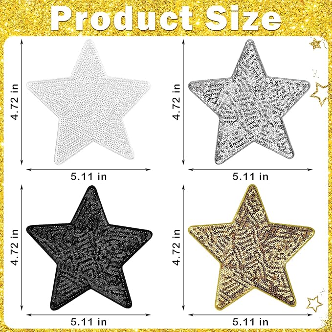 10Pcs Sequin Star Iron on Patches Large Glitter Stars Patches Embroidery Iron on Stars for Hats Clothes Backpacks Costume