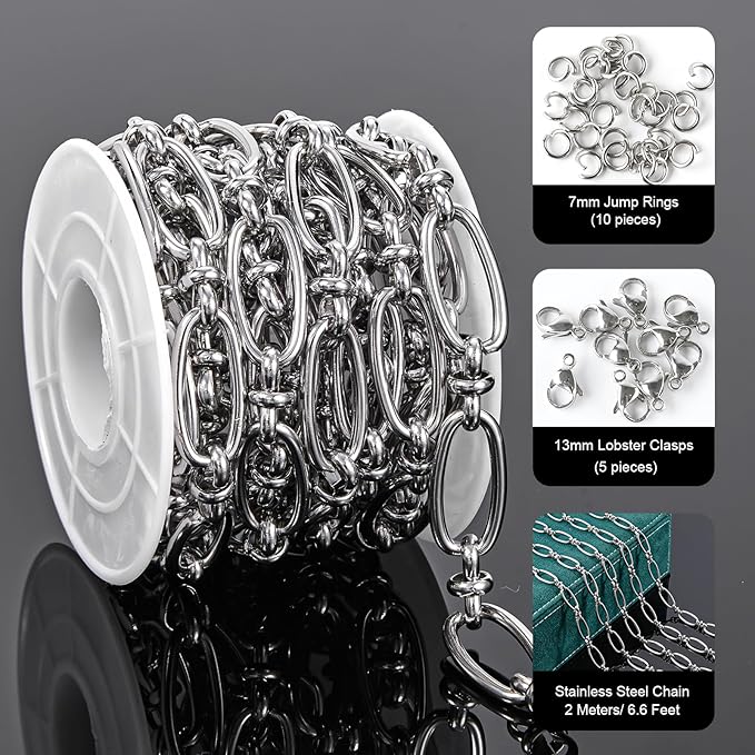 UMAOKANG 6.6 Feet Stainless Steel Chain for Jewelry Making Long Oval Bulk Chain on Spool Decorative Craft Chain Roll