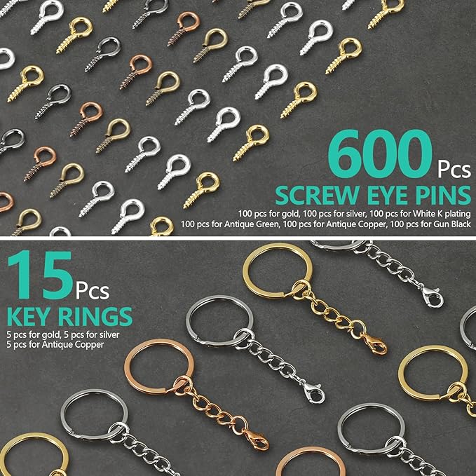 Hand Drill Set for Resin Crafts, Pin Vise Jewelry Making Kit with 10 Drill Bits, 600 Eye Screws, 15 Keychain Rings – Push Drill Tool for Epoxy, Molds, DIY Projects (Pin Vise Hand Drill Set - 1)