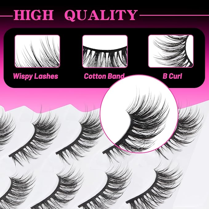 Veleasha Lashes Wispy False Eyelashes 100% Handmade Eyelashes Natural Look Fake Lashes Lightweight Lashes with Soft Cotton Band 5 Pairs Pack (G2-Black Cotton Band)