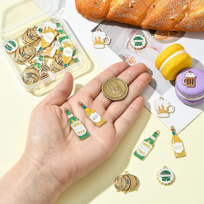 Stiesy 30 Pcs 6 Styles Enamel Beer Charms Bulk Cup of Beer Pendants Drink Bottle Carnival Oktoberfest Charms for DIY Necklace Earring Bracelets Keychain Dangle Decoration