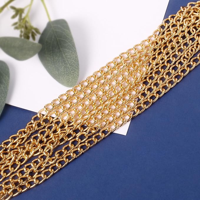 [33ft] Gold Chain for Jewelry Making, 7mm Wide Gold Aluminum Curb Link Chain Roll Bulk for DIY Jewelry Making Craft