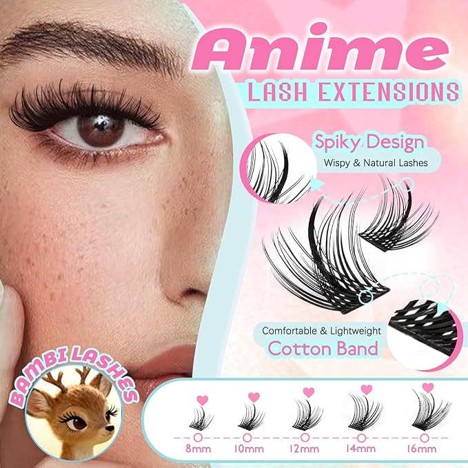 Lash Clusters Wispy Manga Lash Clusters C Curl Lightweight Spiky Doll Anime Eyelash Extensions 8-16MM Mixed 144Pcs Doe eyed Individual Lashes with Spikes for DIY at Home (Hibiscus)