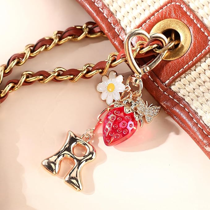 Strawberry Initial Keychain for Women-Cute Kawaii Gold Alphabet Bag Charms, Key chain Gift for Purse Handbag