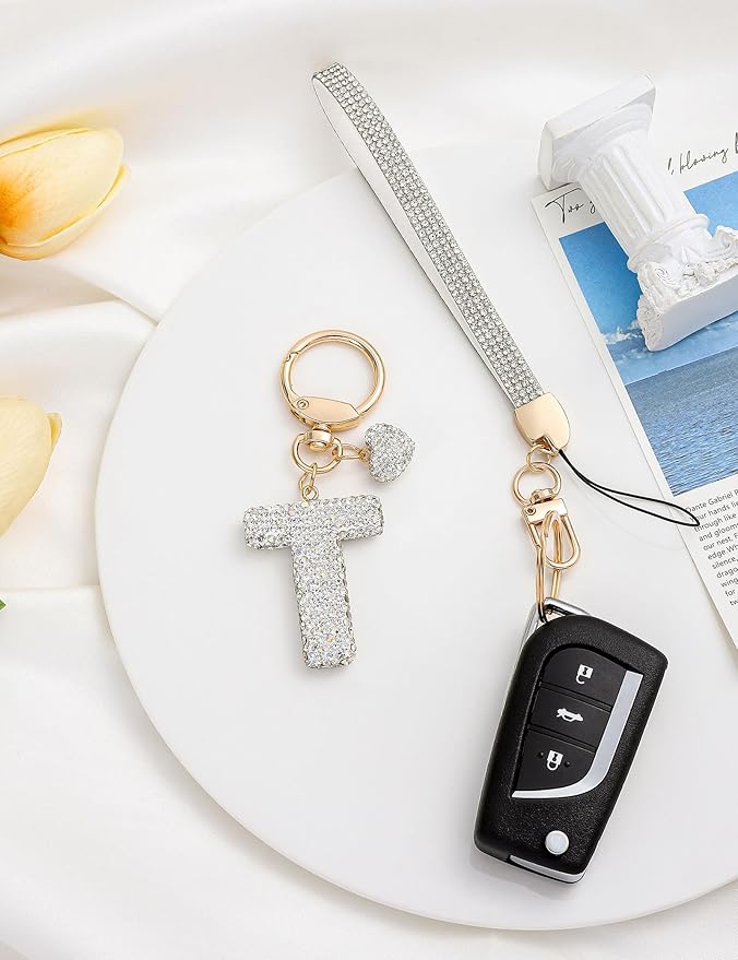 Initial Keychain for Women Girls,Bling Letter Key chain Initial with Heart,Pink Keychain Charms for Backpack Handbag