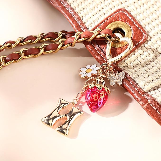 Strawberry Initial Keychain for Women-Cute Kawaii Gold Alphabet Bag Charms, Key chain Gift for Purse Handbag