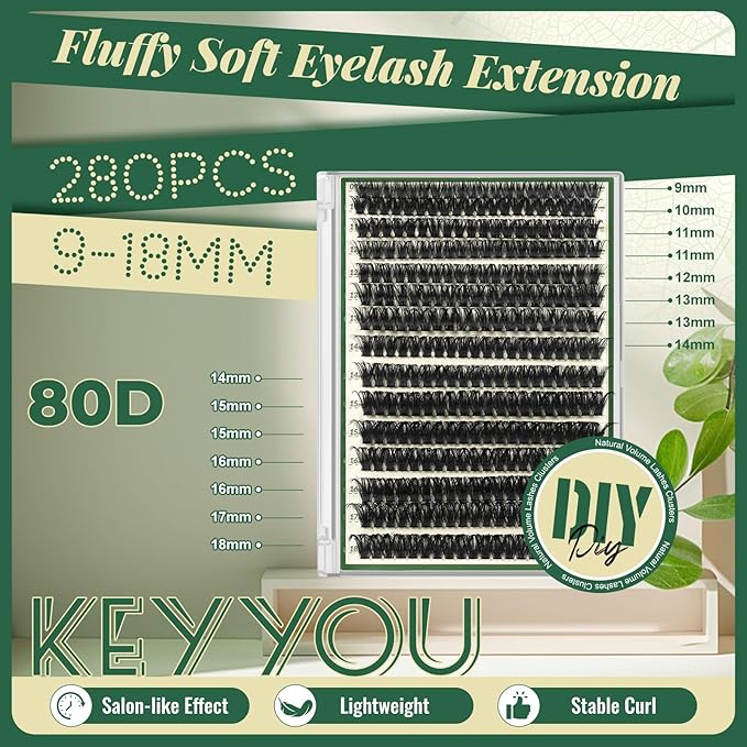 Lash Clusters 280Pcs Eyelash Clusters KEYYOU 80D 0.05D Curl 9-18MIX Clusters Lashes Super Soft Cluster DIY Eyelash Extension at Home(80D-0.05D,9-18MIX)