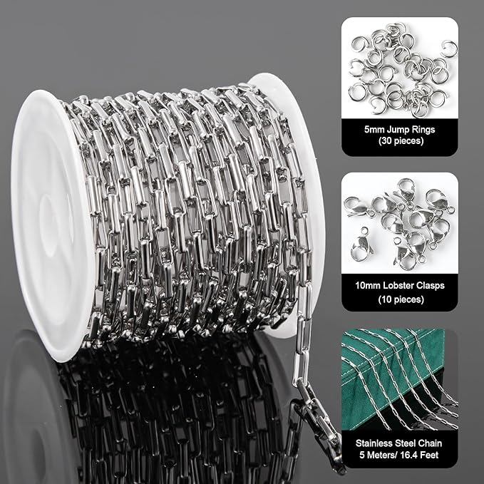 UMAOKANG 16.4 Feet Box Chain for Jewelry Making Stainless Steel Chains Bulk for Men and Women Necklace DIY Jewelry Supplies