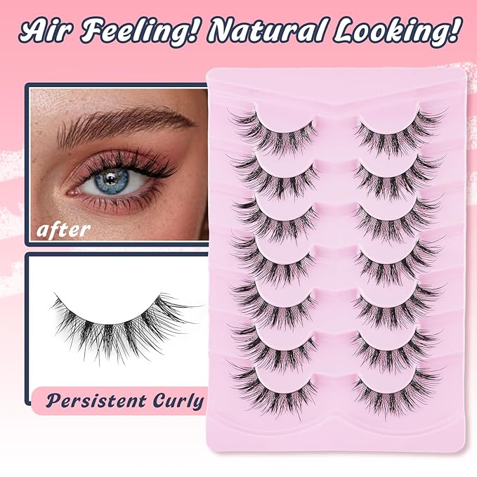 False Lashes Wispy Cat Eye Lashes Natural Look 16MM Foxy Eyelashes C Curl Lash Strips Fake Eyelashes with 0.03MM Thin Band Natural Eyelash Extensions 7 Pairs Siligli