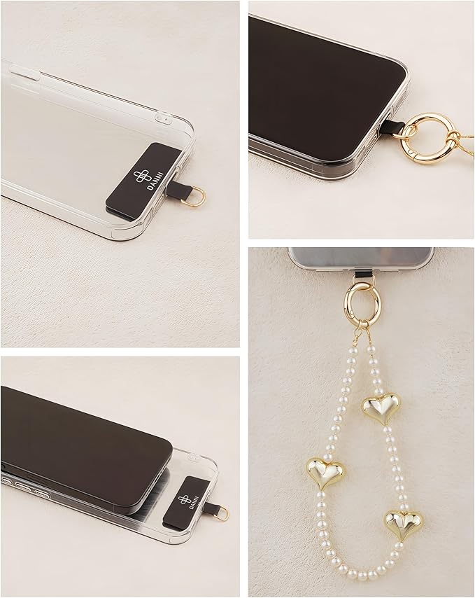 Beaded Phone Wrist Strap for Women Pearl Wristlet Strap Cute Phone Lanyard Golden Heart Shaped Bead Cellphone Chain (Pearl White)