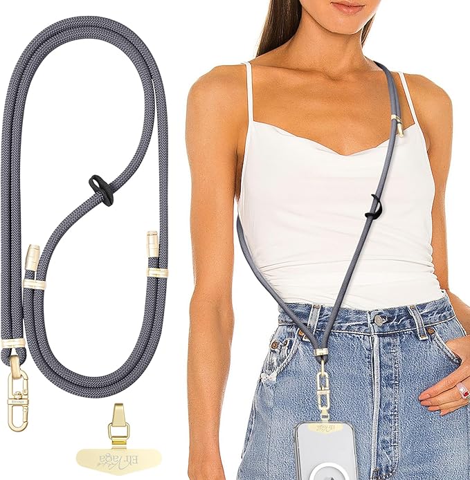 Adjustable Anti-Theft Phone Lanyard Neck & Crossbody Strap with 0.2mm Metal Tab & Comfort-Fit 8mm Rope (Light Gray)