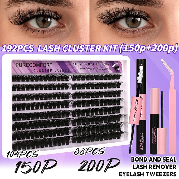 DIY Lash Extension Kit, 192 Cluster Lashes 2 Densities (150P/200P) 10-18mm Mixed Length, Knot-Free Handmade Lashes with Bond/Seal Glue, Remover & Tweezers, Beginner-Friendly for Daily & Party Looks