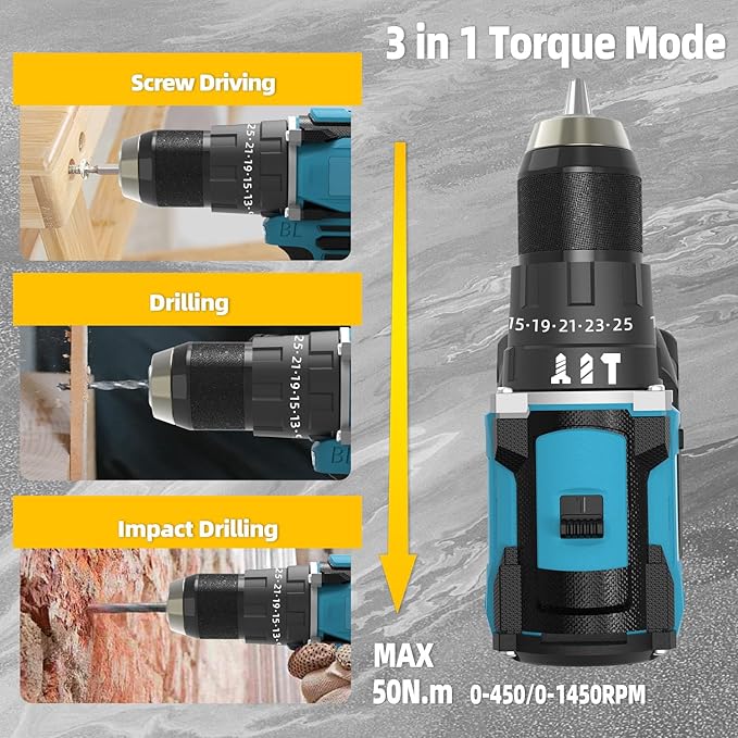 21V Cordless Power Drill/Driver Set, 50Nm Max Torque with 2 Batteries & Charger, 1/2 Inch Keyless Chuck, 3 Modes & 25 Position Torque Adjustment, 29Pcs Accessories for Home Use