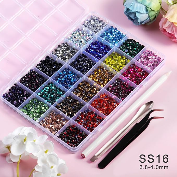 BEADSLAND Hotfix Rhinestones Mixed 24 Colors, SS16 Rhinestones for Crafts Clothes, Hotfix Crystals with 1 Tweezers, 1 Wax Pencil and 1 Spoon