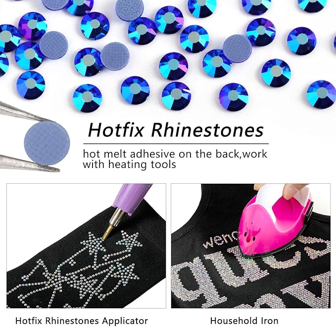 Beadsland Hotfix Rhinestones, 2880pcs Flatback Crystal Rhinestones for Crafts Clothes DIY Decoration, Sapphire AB, SS8, 2.3-2.5mm