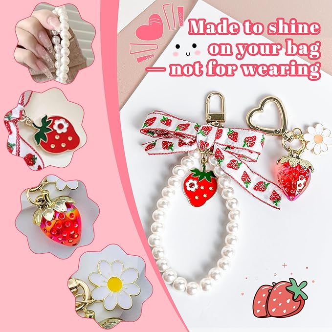 2Pcs Strawberry Keychain Charm Cute Bag Charms Flower Daisy Pearl Bow Keychain Strawberry gift for Women