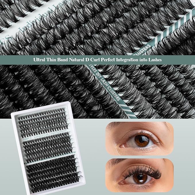 Lash Clusters Kit 320PCS 11-20MM 40D 50D 100D Thick Volume Cluster Eyelash Extensions Natural Volume Lashes D Curly Eyelashes DIY Lash Extension Kit with Lash Bond + Seal + Remover + Tweezers-3