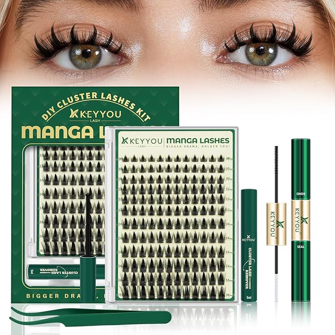 KEYYOU Manga Lash Clusters Kit 8-18mm Eyelash Clusters Kit DIY Lash Extension Natural Fairy Cluster Lashes 144pcs with Lash Bond Seal Remover Applicator Soft Thin Band(Faye)
