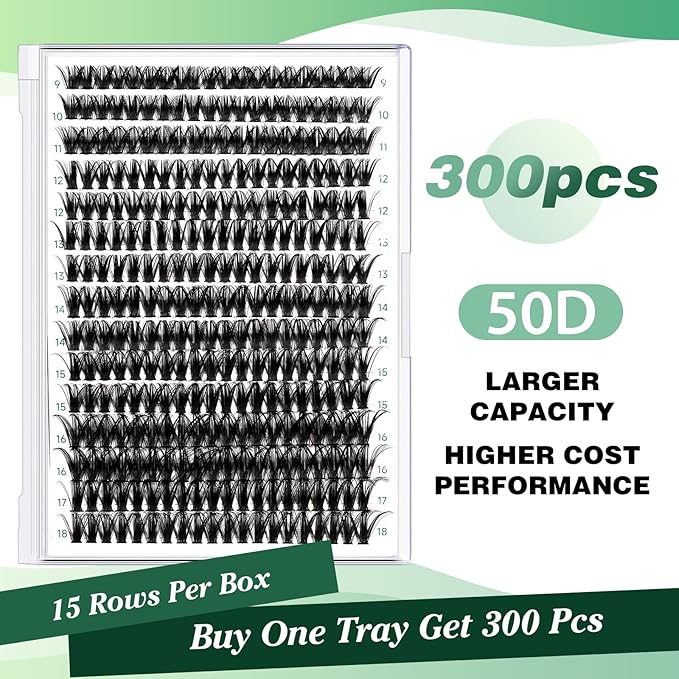 Lash Clusters 300pcs Individual Lashes 50D 0.07C Curl 9-18MIX DIY Eyelash Extension KEYYOU Large Tray Volume Soft&Natural Cluster Lashes(50D-0.07C,9-18MIX）