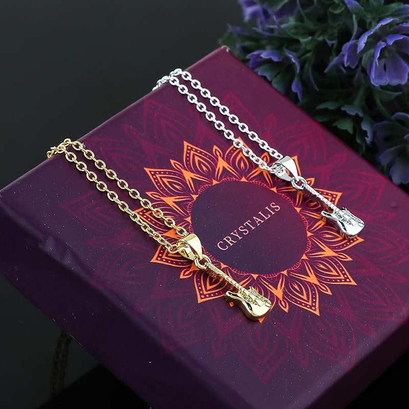 JOR Guitar Charm Pendant Necklace, CZ, Men & Women Unisex Jewelry, Dainty Gold & Silver Plated Combo Chain 18 inch (Pack of 2)