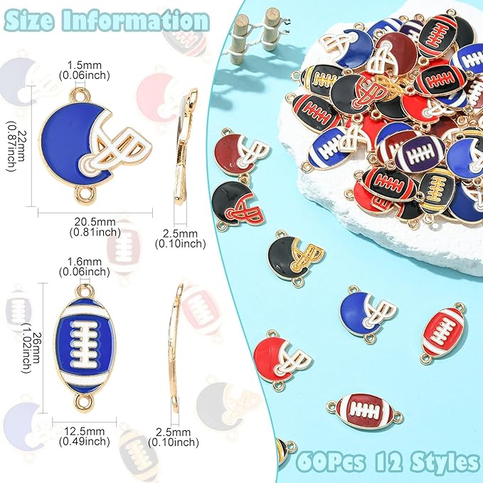 Stiesy 60 Pcs 12 Styles Enamel Sport Rugby Connector Charms Rugby Ball Batting Helmets Links Charms Bulk for Jewelry Making Crafting DIY Bracelets Necklace Presents
