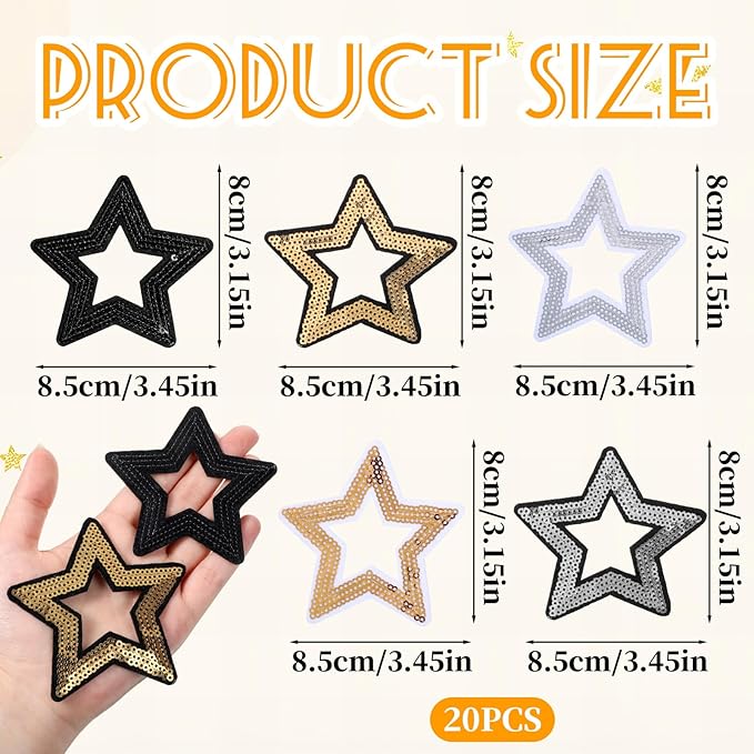 20pcs Star Iron on Patches, 5 Colors Star Embroidered Appliques Sew on Patches, Sequin & Glitter Embroidered Patches for DIY Clothes Pants Hats Shoes Bags