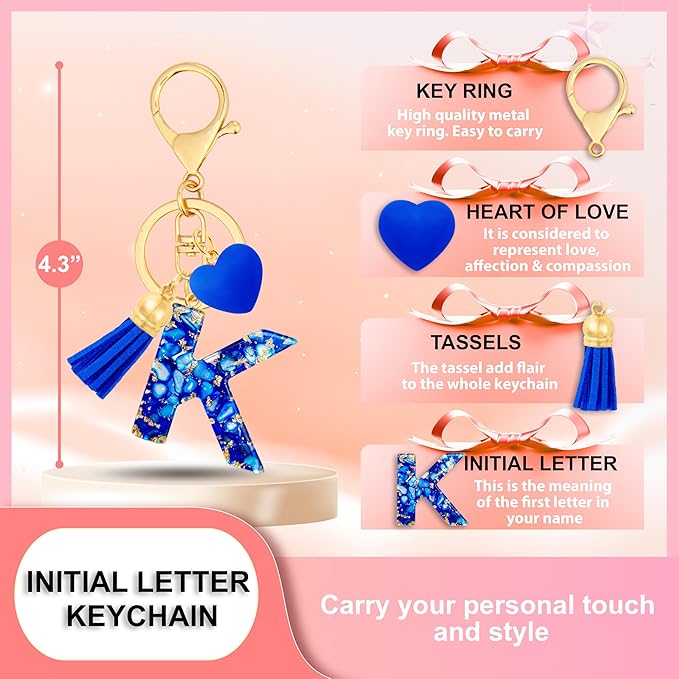 Initial Keychains for Women with Cute Heart Resin - Alphabet Letter Keychain for Bag, Backpacks, Purse or Car key