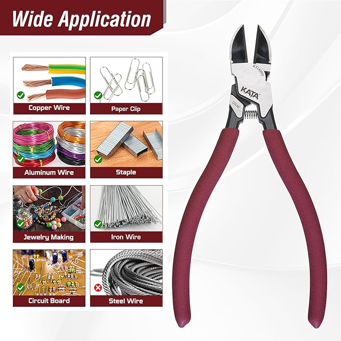 KATA Wire Cutters Plier for Crafting: Heavy Duty 6-Inch Side Cutter Pliers Metal Cutting Tool - Sharp Flush Cut Model Snips for Jewelry Making- For Floral, Artificial Flowers, Chicken Wire, Electrical