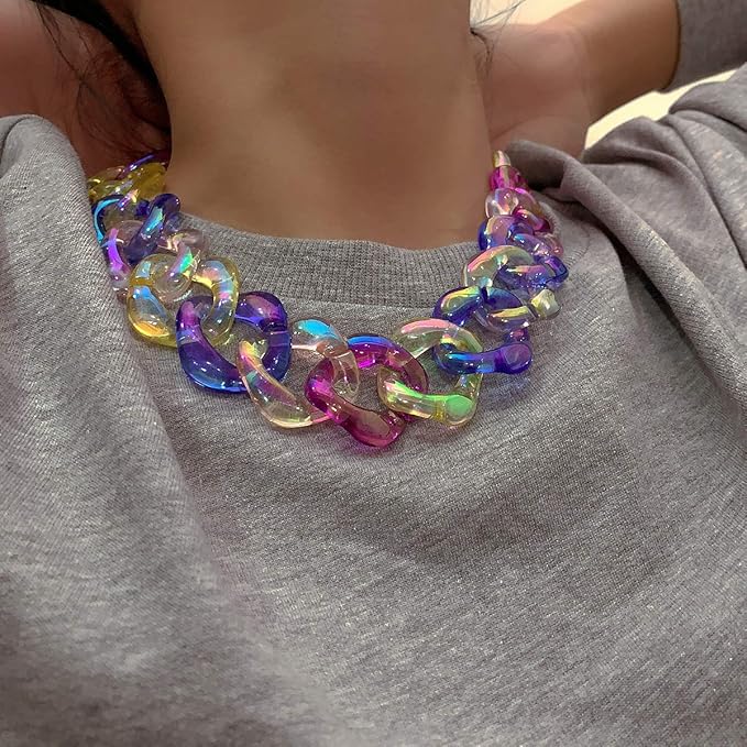 Xerling Colorful Rainbow Acrylic Link Chain Necklace Punk Chunky Boho Iridescent Necklace for Women Teen Girls Multi-Colored Curb Chain Choker for Party Modern Necklace